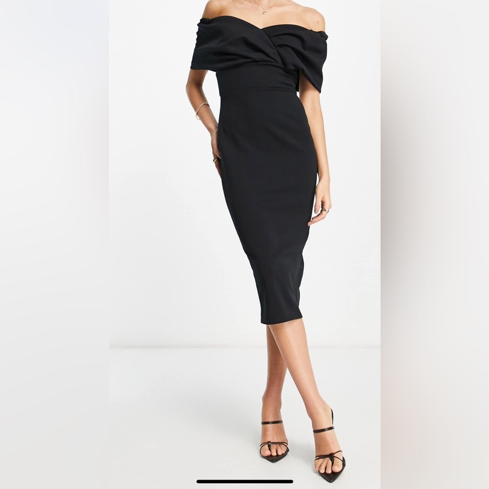 True Violet off the shoulder pencil midi dress
